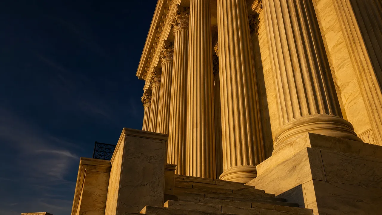 Stone courthouse columns and steps at golden hour