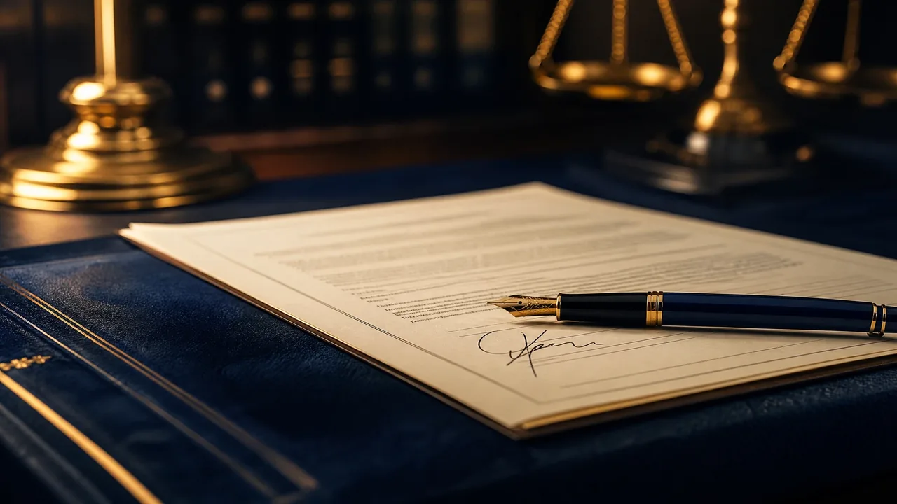 Fountain pen on a signed legal document beside brass scales of justice